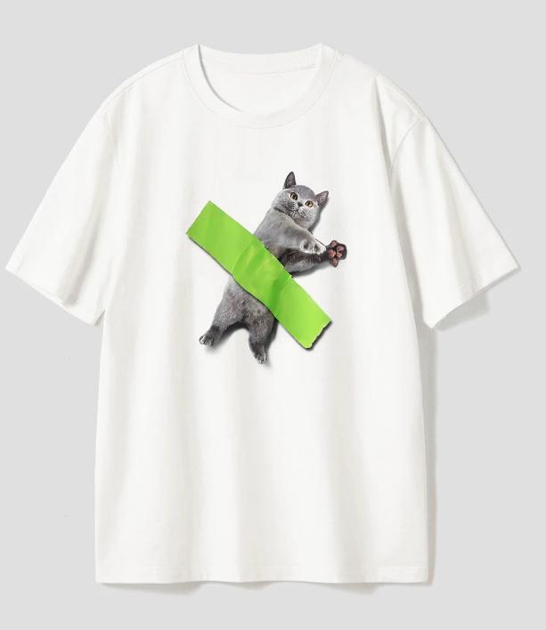 Trendy Funny Cat Taped Graphic T Shirt Cute Animal Meme Design Shortsleeved Tee Casual Versatile Streetwear Top for Cat Lovers