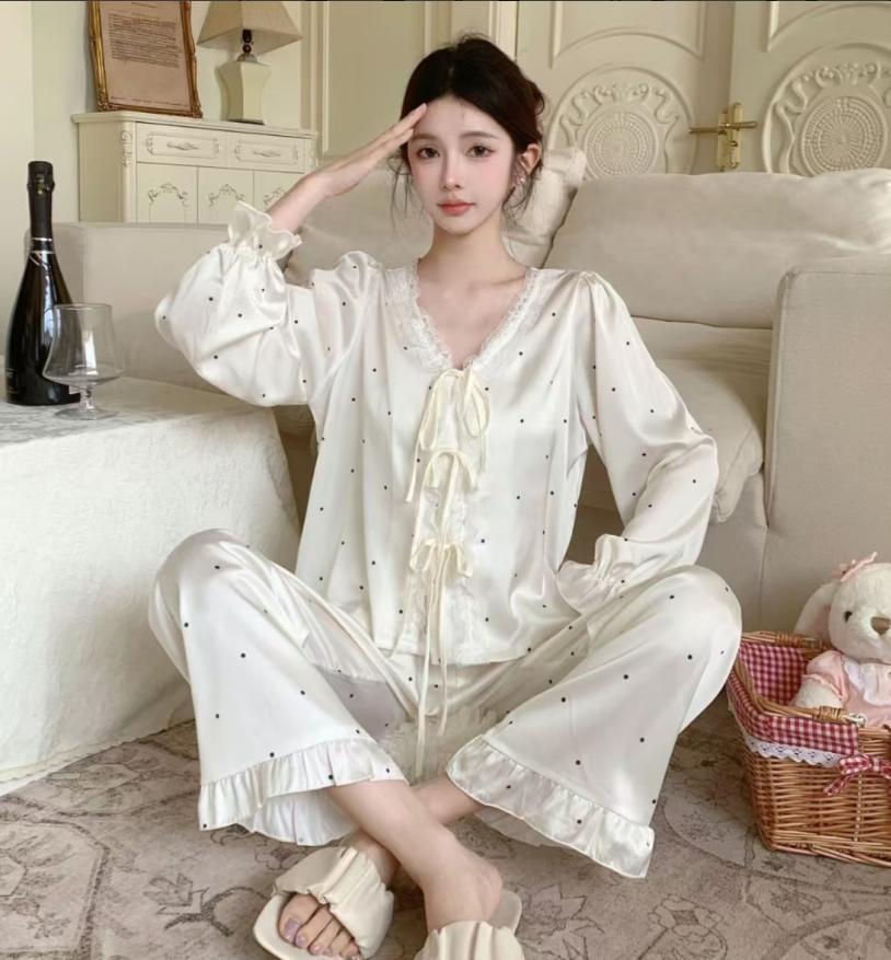 Пижама женская Ice Silk: Весна/осень Кардиган с длинным рукавом и брюки в комплекте для повседневной домашней одежды