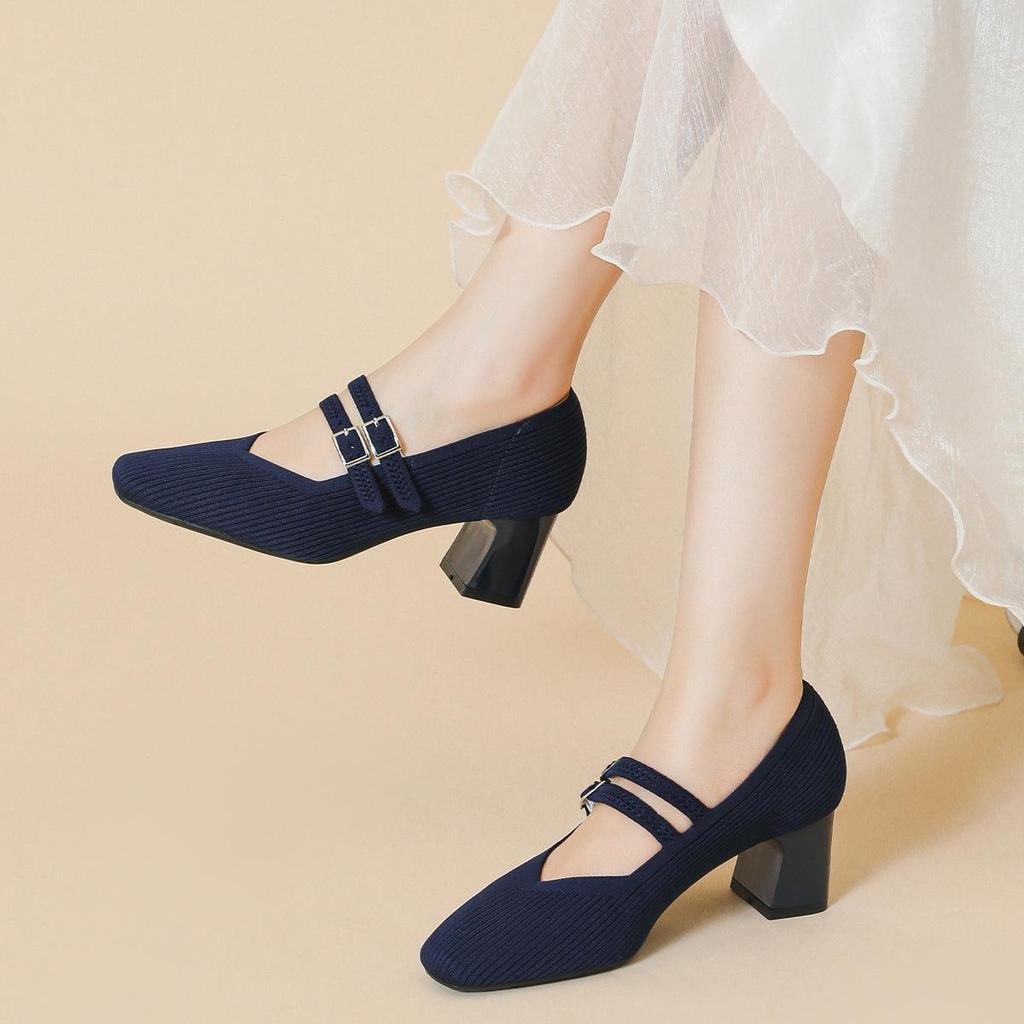 Женские туфли больших размеров на высоком толстом каблуке, простые, повседневные, с квадратным носком, с пряжкой, рабочие туфли, однотонные, 34-43