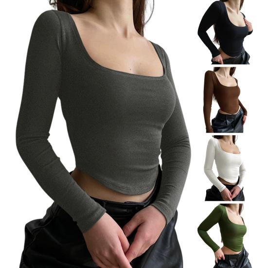 Женский укороченный топ с квадратным вырезом и длинными рукавами, облегающий трикотажный короткий топ, однотонный эластичный пуловер, блузка для клубной вечеринки