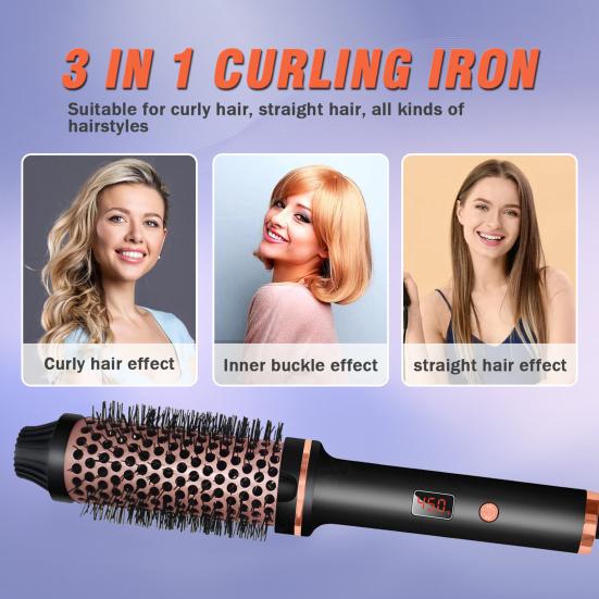 3-In-1 38MM Hair Curling Iron Brush Fast Heating Thermal Brush Fast Heating Negative Ion Heated Round Brush Electric Hair Curling Wand Tools