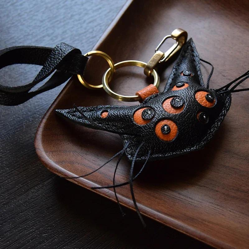 Handmade Leather Black Cat KeyChain Bag Charm