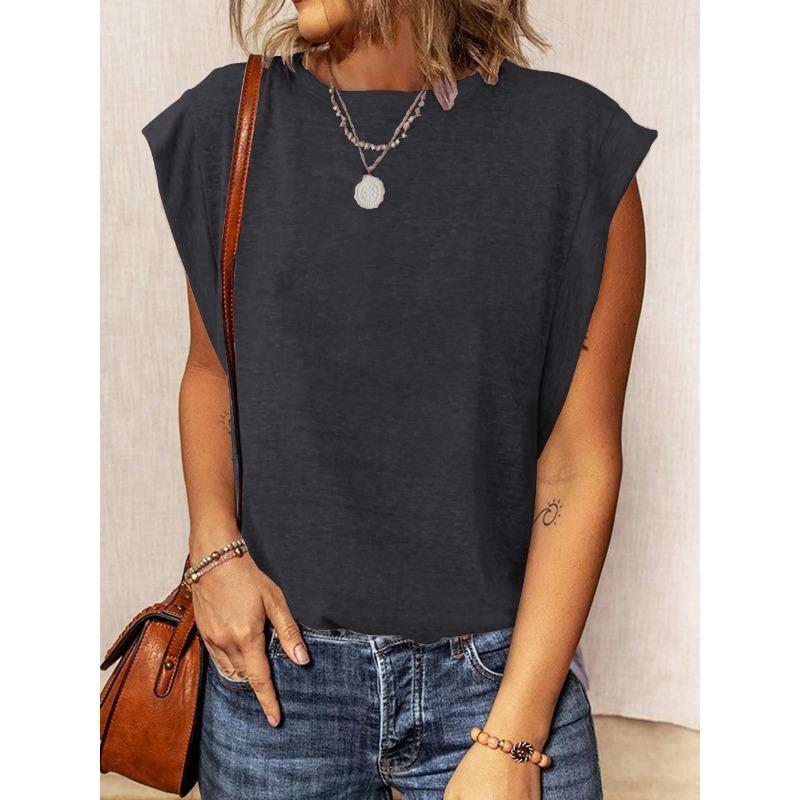 YYFS Женские модные повседневные летние весенние однотонные блузки и рубашки без рукавов с круглым вырезом и принтом