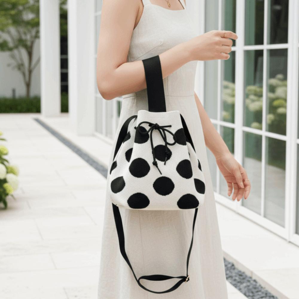 Lightweight Polka Dot Bucket Bag Patterned Drawstring Purse Shoulder Satchel Knit Tote Beach
