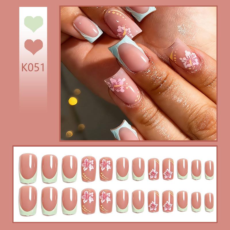 Wearable French Trapezoidal Nude Pink Flower Mint Green Romantic And Sweet Style Manicure