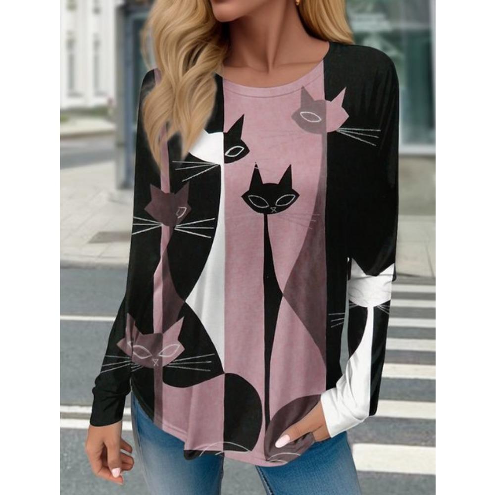 Women's T Shirts 3D Print Art Design Cat Pattern Long Sleeve Daily Weekend Fashion Funny Round Neck Regular Fit Spring & Fall