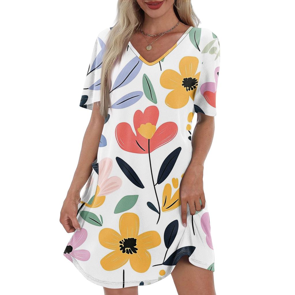 Women's Summer Fashion Casual V-Neck Floral Print Short Sleeve Pocket Dress