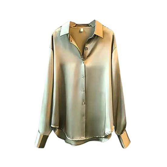 Women Shirt Lapel Long Sleeve Single Breasted Shirt Tops Solid Color Smooth Satin Loose Fit Versatile Shirt
