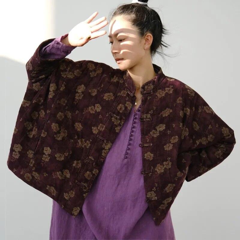 Johnature Women Bat Sleeve Corduroy Parkas Print Floral Winter Coats Warm Stand Button Clothes Winter Women Vintage Parkas