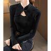 Autumn Winter New Women Pullovers Half High Collar Hollow Out Fashion Retro Buckle Slim Long Sleeve T-shirt Tops