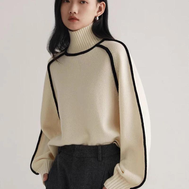 Зимний женский элегантный однотонный вязаный теплый свитер с высоким воротом и длинными рукавами