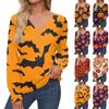 Женские топы с принтом на Хэллоуин, рубашка с длинным рукавом, V-образный вырез, повседневная свободная футболка, осенняя одежда