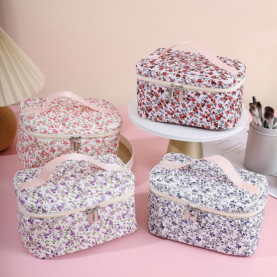 Cosmetic Bag Floral Pattern Large Capacity Dual Smooth Zipper Easy-to-clean Foldable Makeup Organizer