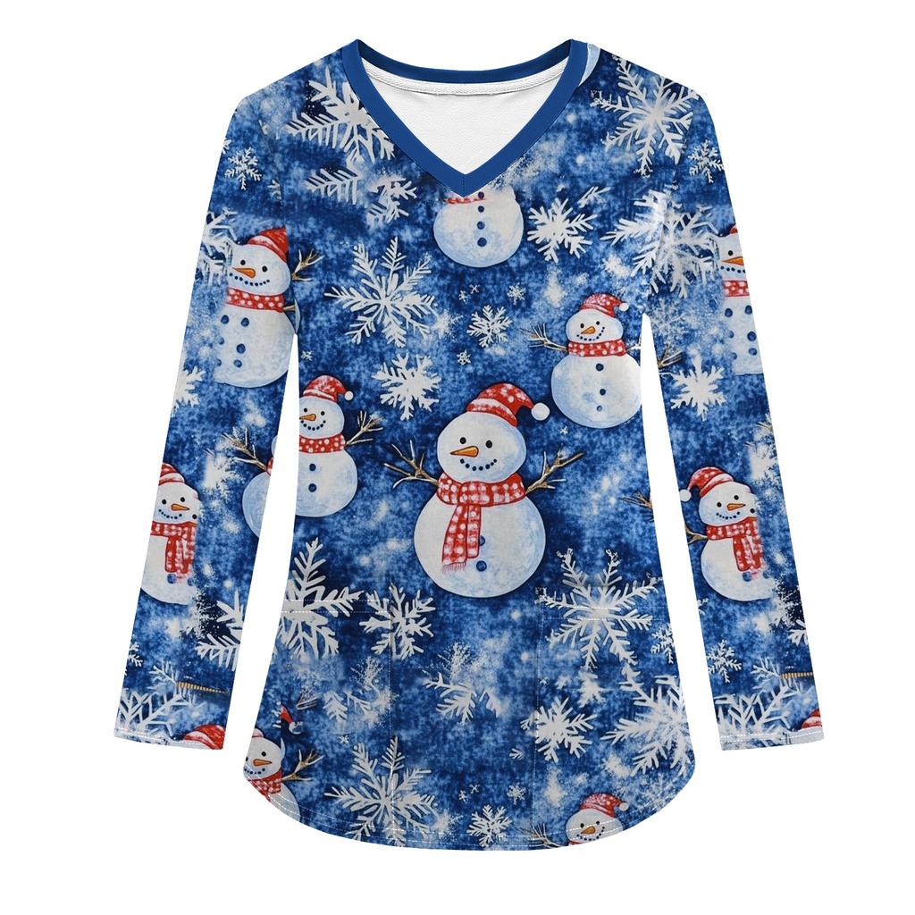 Женская модная рабочая одежда с V-образным вырезом, длинным рукавом и карманом, рождественский принт, футболка, топ