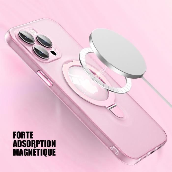 Coque pour iPhone 15 Pro, Antichoc Anti-Rayures Rigide avec Support Magnétique Rotatif et Protection Caméra - Translucide Rose