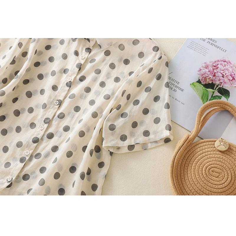 Летняя рубашка в горошек из хлопка и льна с принтом, кардиган с короткими рукавами и лацканами, рубашка, топ для женщин, блузки и рубашки