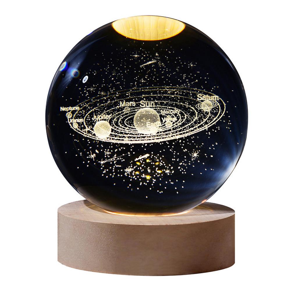 3D Galaxy Crystal Ball Lamp Лазерная гравировка Ночной светильник с деревянной основой для декора спальни,