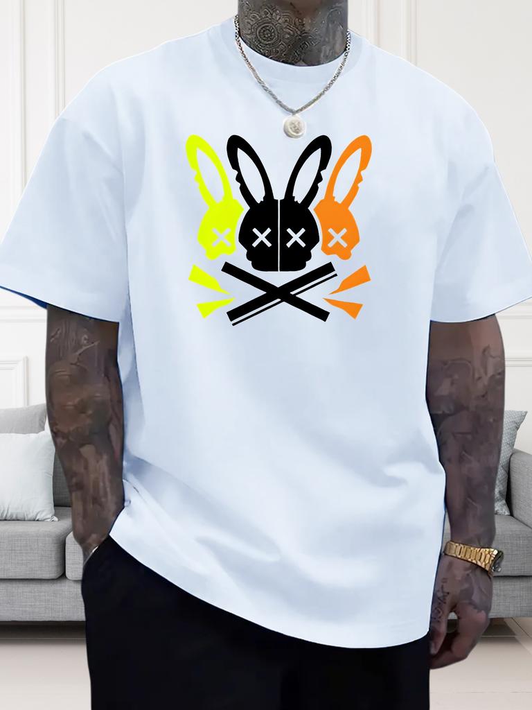 Mens Clothing Spring and Summer Casual Round Neck Cotton Tshirt Unique Rabbit Skull Pattern Printed Short Sleeved Tshirt