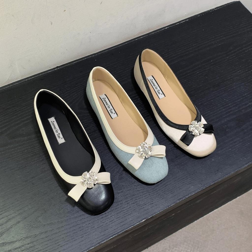 Retro bow rhinestone single shoes women's new beautiful not tired foot design inner height increase soft sole ballet shoes