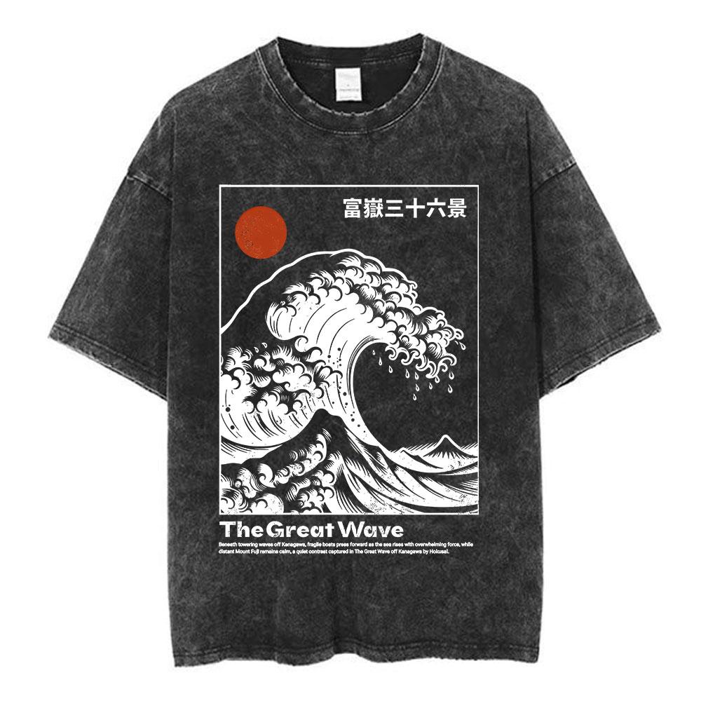 Vintage Japanese Osaka Dotonbori Crab Cityscape Graphic T Shirts Mens Washed Fashion Oversized Cotton Tshirt Unisex Streetwear