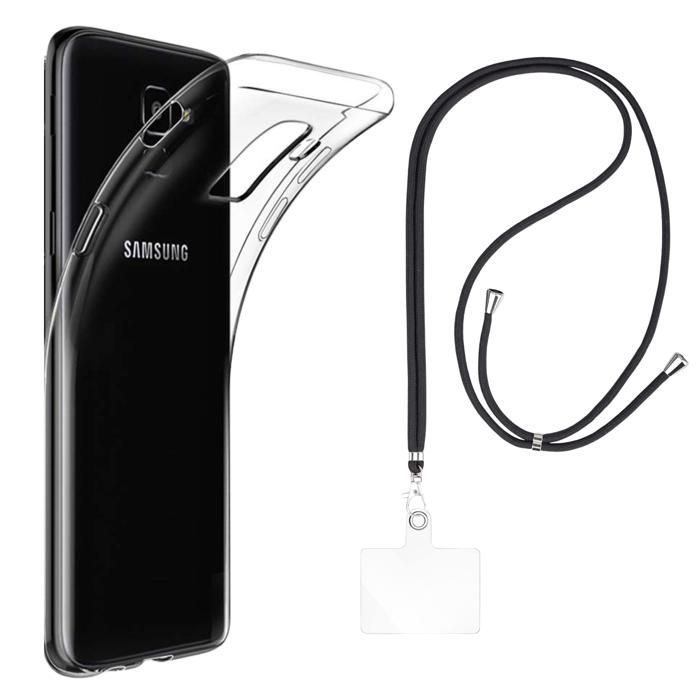 Coque et tour de cou pour Samsung Galaxy J6 2018 J600 - TPU Souple Transparent Cordon Noir réglable Phonillico®