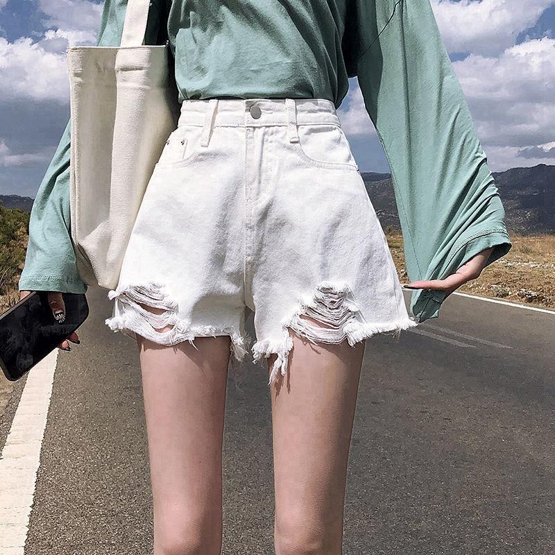 Удобные узкие модные и универсальные джинсовые шорты женские летние с высокой талией тонкие свободные широкие брюки А-силуэта с дырками