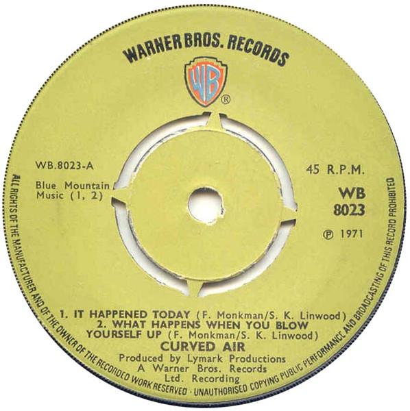 7-дюймовая пластинка CURVED AIR - Это случилось сегодня / Что происходит Что WB8023 Warner Bros. Re 1971 UK Рок Б/У