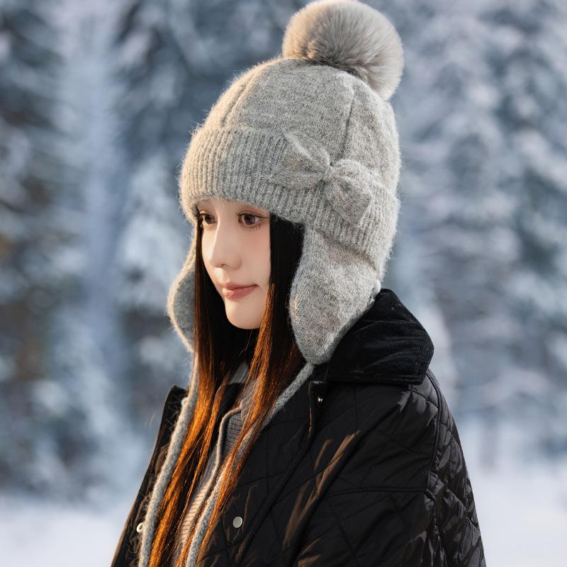 Сладкая и милая шапка из вязаной шерсти с бантом, осенне-зимняя, повседневная, универсальная, ветрозащитная, с защитой ушей, уличная теплая шапка