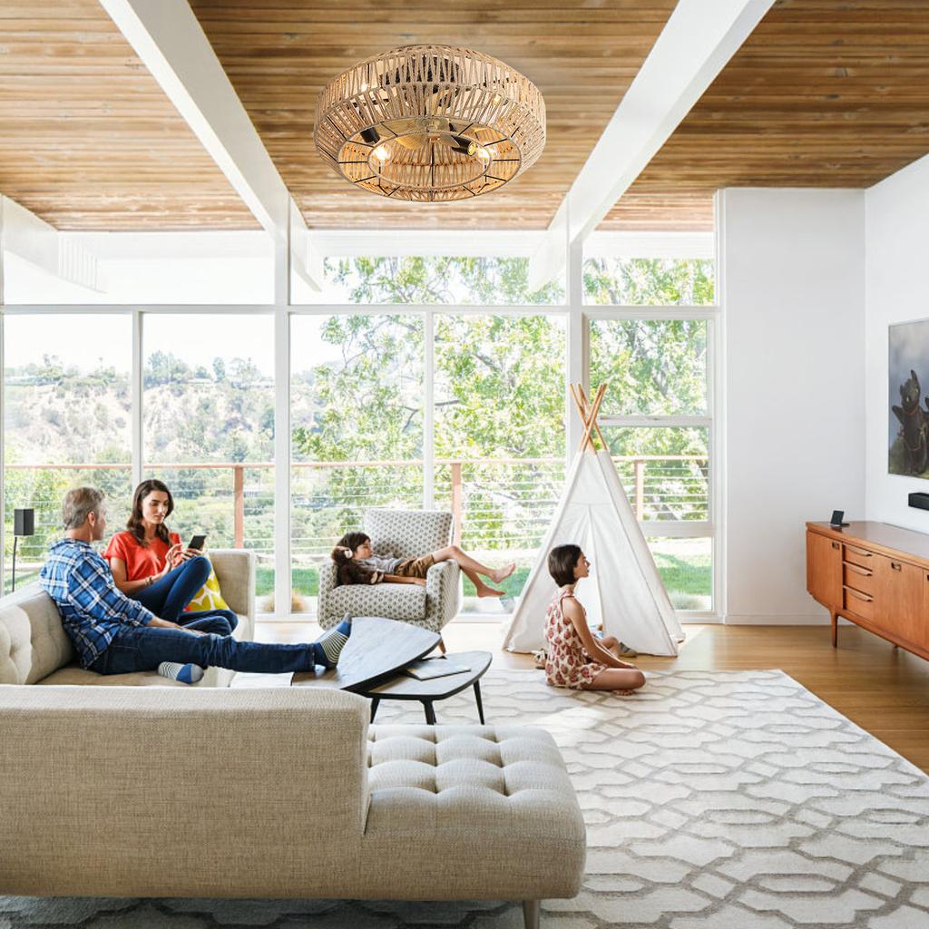 22-Inch Boho Ceiling Fan in Rattan Cage Design – with 6 Speed Settings, Remote Control & Reversible DC Motor for Living Rooms