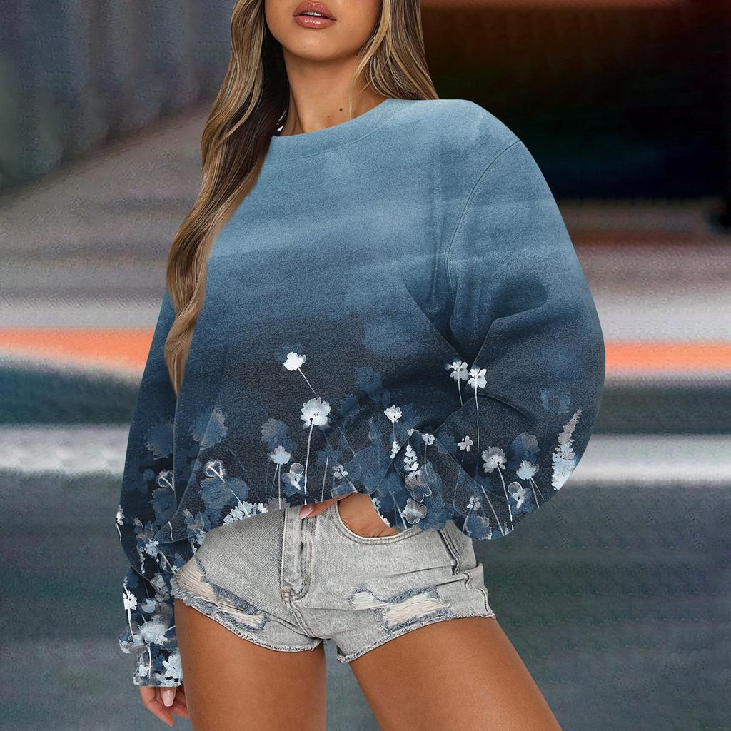 Women's Casual Fashion Retro Floral Print Long Sleeved Knitted Sportswear Top Loose Fit