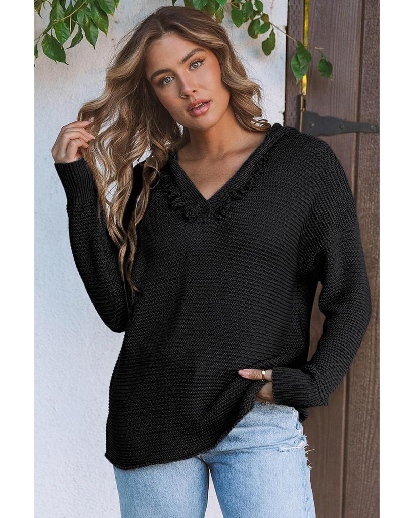 Azura Exchange Свитер с капюшоном и V-образным вырезом в рубчик