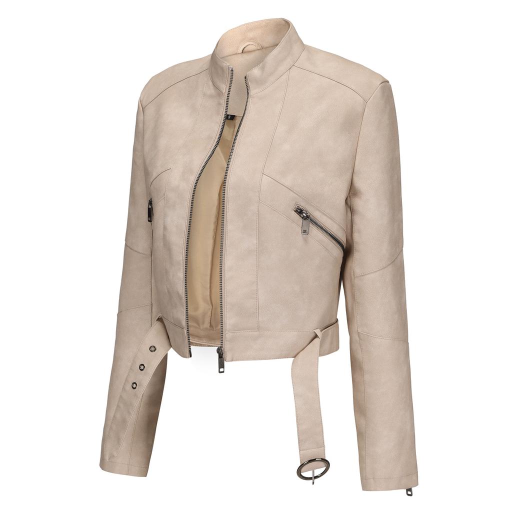 Новая женская кожаная куртка в стиле мотоцикла с поясом, куртка с длинным рукавом на молнии, весенняя и осенняя кожаная куртка