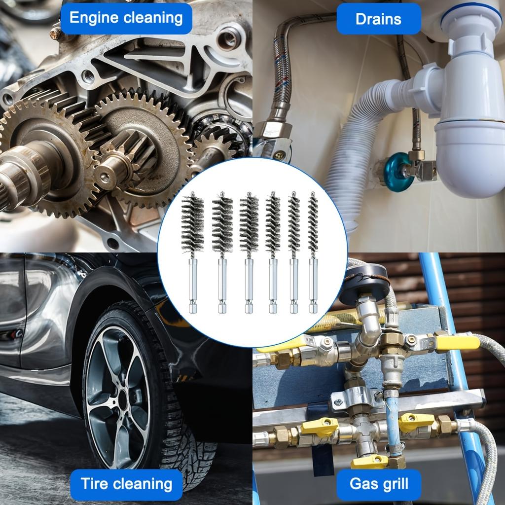 6pcs Stainless Steel Wire Tube Brushes, Multi-specification Wire Brush for Deburring Screws and Threads, Rust Removal, 1/4" Hexagonal Handle Design
