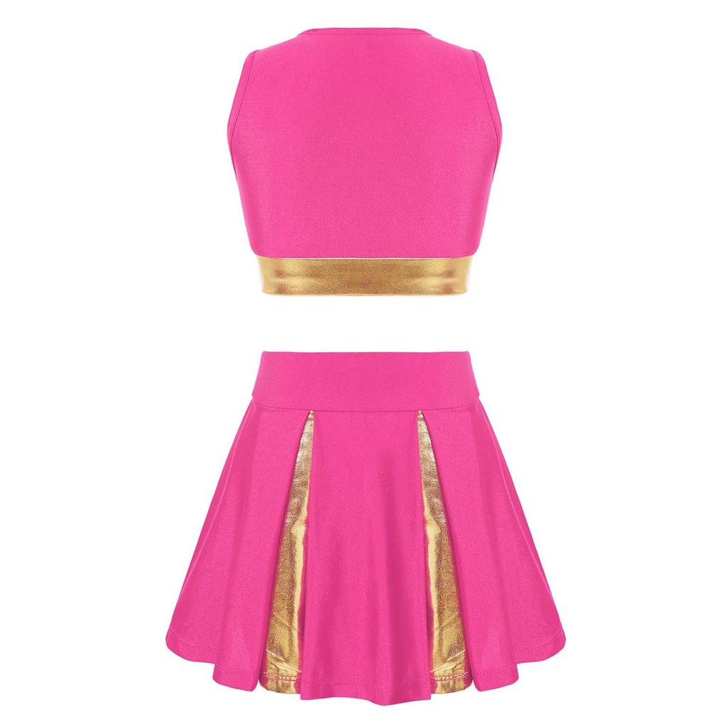 Girls Cheerleading Dance Set Patchwork Crop Top V Neck Letter Print with Elastic Waist Skirt