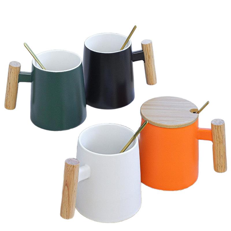 Деревянная ручка Керамическая чашка Кофейная чашка, кружка с крышкой ложка