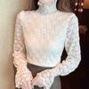 Мода 2024 Осень Зима Длинный рукав Полувысокий воротник Бархатная кружевная блузка рубашка Женские топы Блузки Рубашки J753