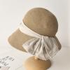 Элегантная плиссированная шляпа-ведро из тонкой соломы с большим двойным бантом, женская летняя пляжная соломенная шляпа, дорожный козырек