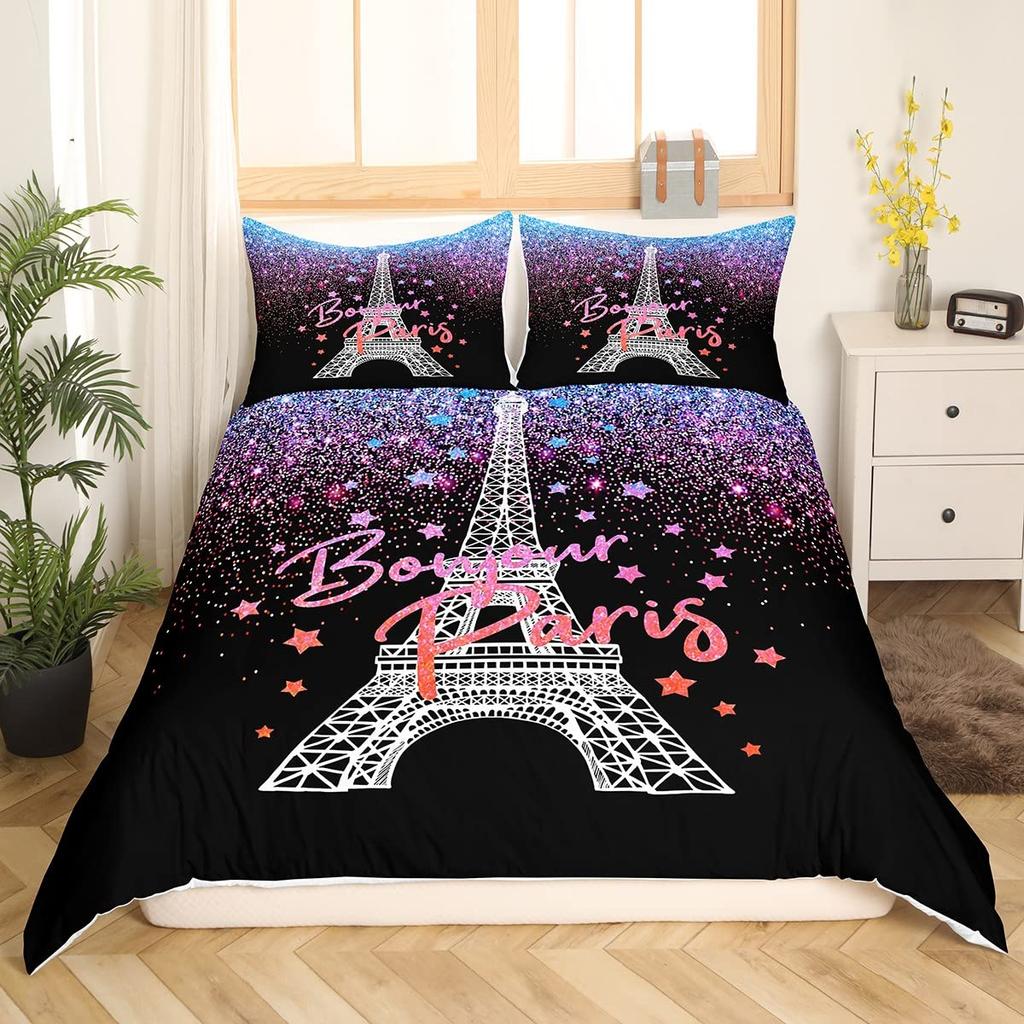 Paris Eiffel Tower Bedding Set Historical Scenery Duvet Cover Famous City Scene Comforter Cover Modern Cityscape Quilt Cover