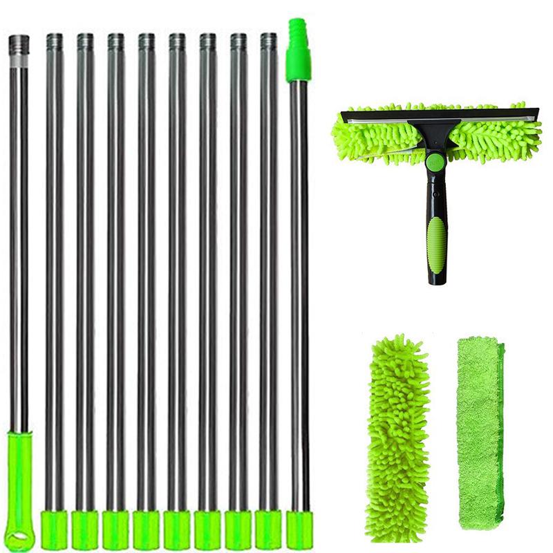 Extended Window Cleaning Kit 2 In 1 Double Sided Glass Squeegee Cleaner Duster Mop 180° Swivel Window Cleaning Tools