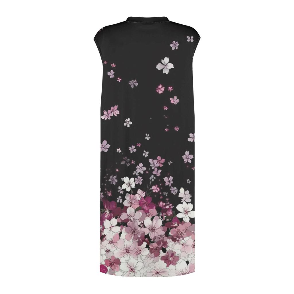 Женское повседневное и модное платье средней длины с круглым вырезом и без рукавов с принтом