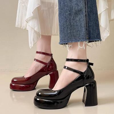 Модная повседневная обувь Мэри Джейн женская толстый каблук весна 2025 новая бордовые туфли на высоком каблуке ремешки толстый каблук одинарная обувь