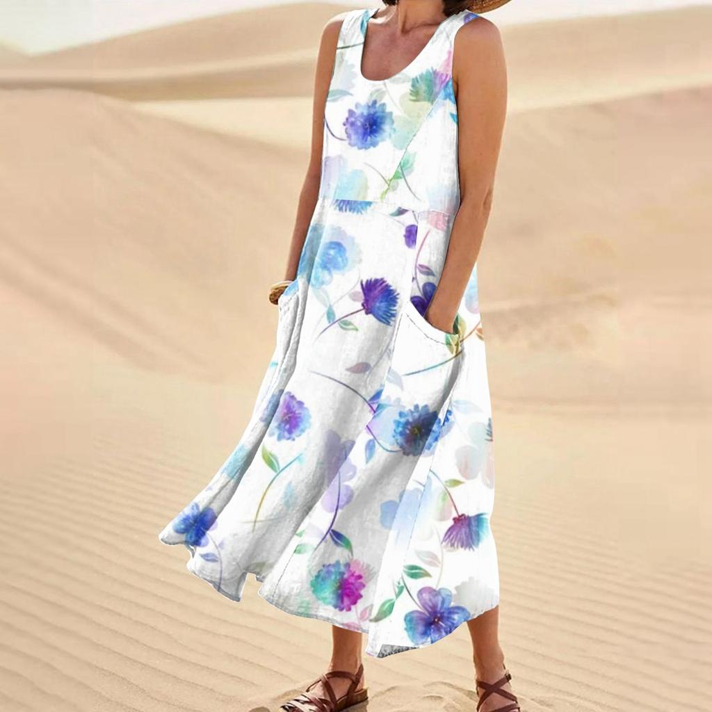 Женские модные повседневные платья из хлопка и льна без рукавов с цветочным принтом и небольшими карманами