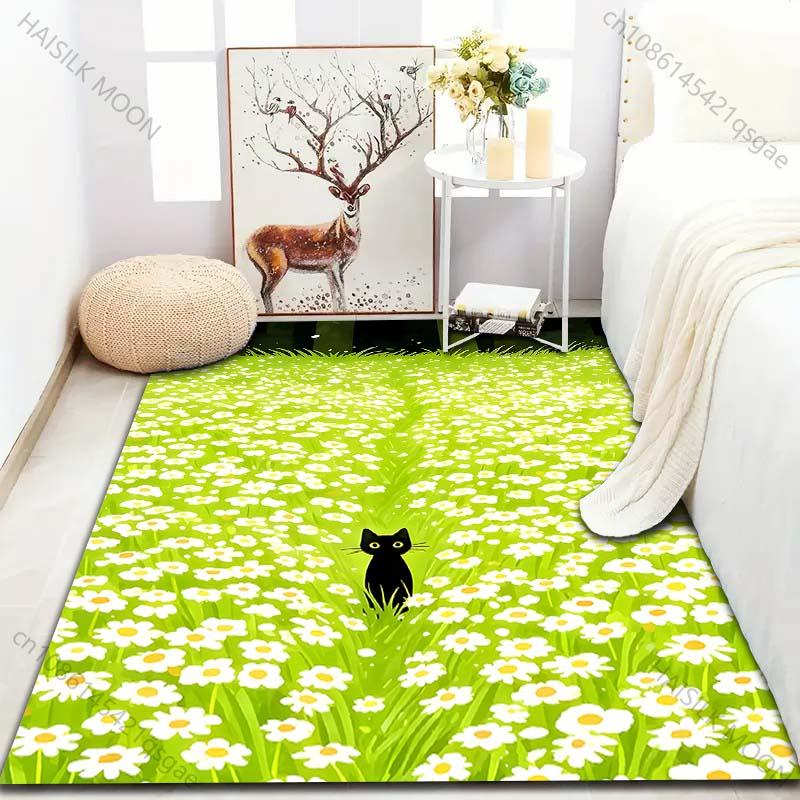 1PC Black cat in flower field Pattern Rug Carpets for Bedroom Living Room Sofa Mat Creative Door Mat Cloakroom Home Decor