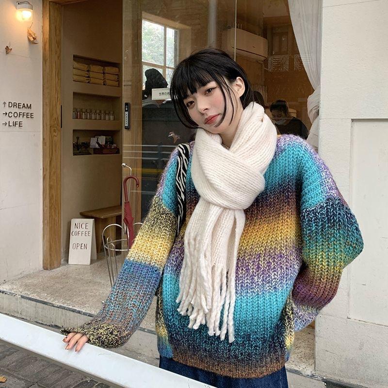 Korean Style Colorful Plaid Scarf for Women Soft Solid Color Scarf Thickened Warm Soft Girl Student Tassel Versatile Mohair