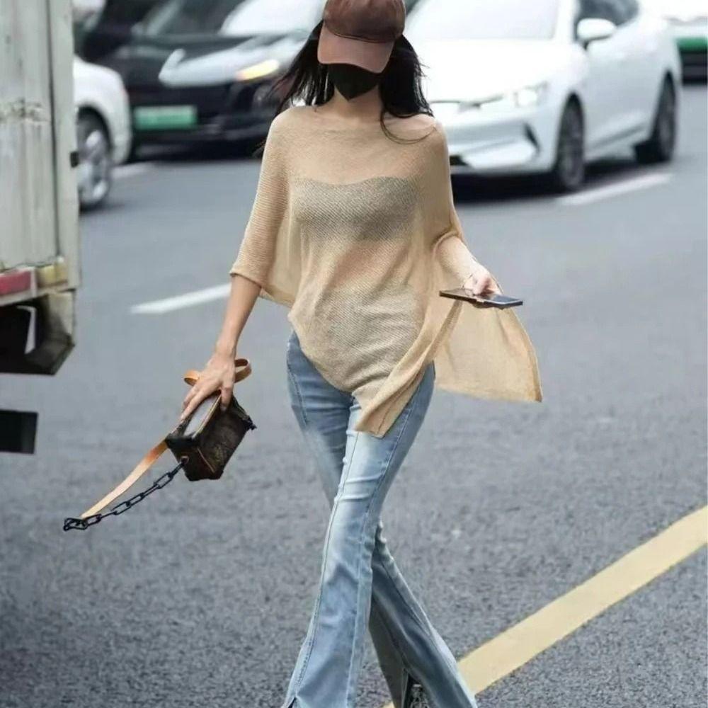 Ice Silk Irregular Cape Shawl Thin Knitted Sweater Top Women Fashion Sunscreen Scarf