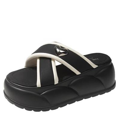 Мода 7 см каблуки массивные шлепанцы для женщин с открытым носком на высокой платформе кожаные сандалии женские новые летние на толстой подошве пляжные сердечки шлепанцы