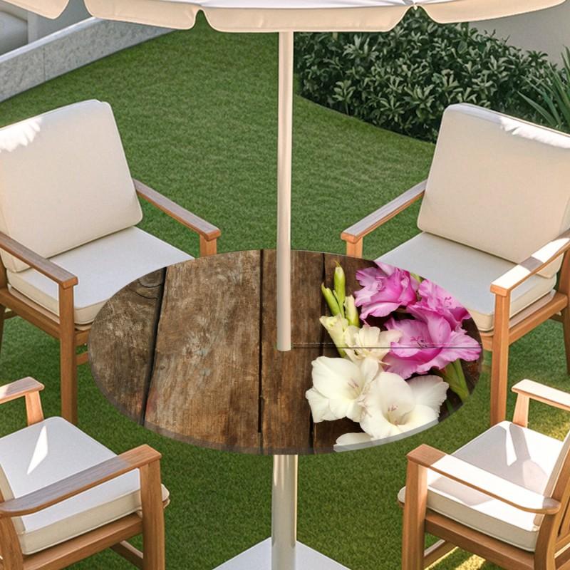 Outdoor Round Table Cover With Floral Leaf Print Waterproof Elastic Hem Patio Garden Dining