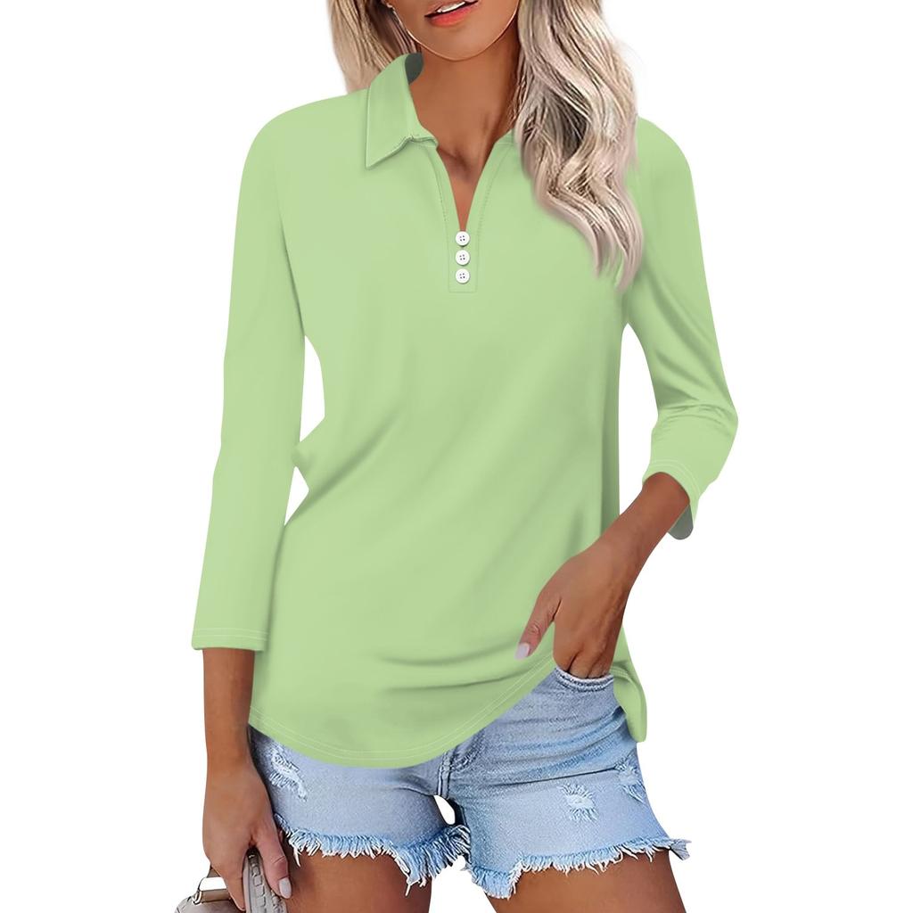 Женская модная повседневная однотонная рубашка с лацканами и рукавами 3/4, женские топы на пуговицах с V-образным вырезом