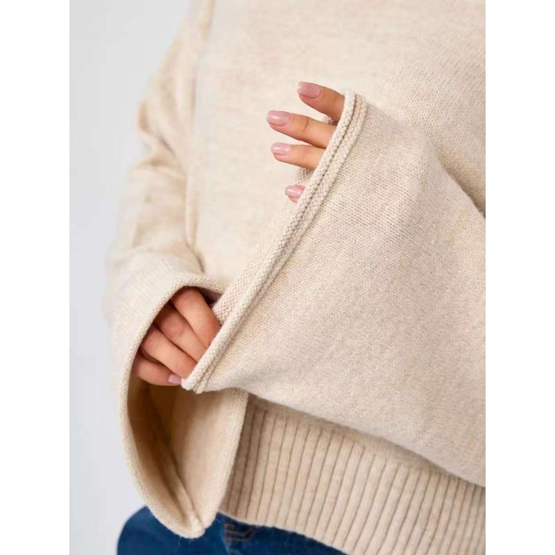 Осень Зима Высокий Воротник Однотонный Простой Универсальный Свитер Женский Расклешенный Рукав Модный Универсальный Вязаный Пуловер Топ