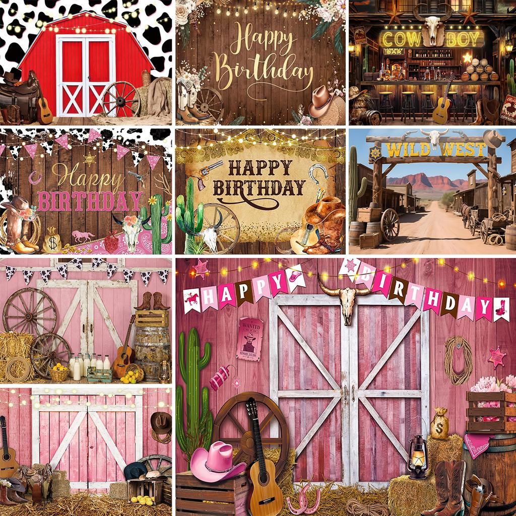 Barn Farm Birthday Backdrop Western Cowboy Photography Background Wood House Door Wild West Rodeo Party Decorations Girl Banner